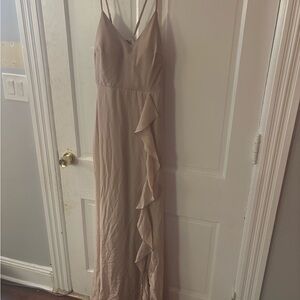 Birdy Grey Pink Tan Ruffled Maxi Dress Spaghetti Strap
